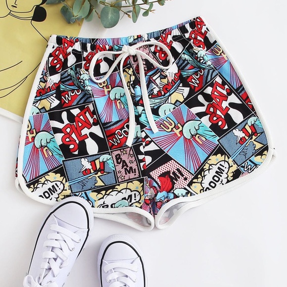 Pop Art Comic Graphic Tie Front Dolphin Shorts - Picture 2 of 7